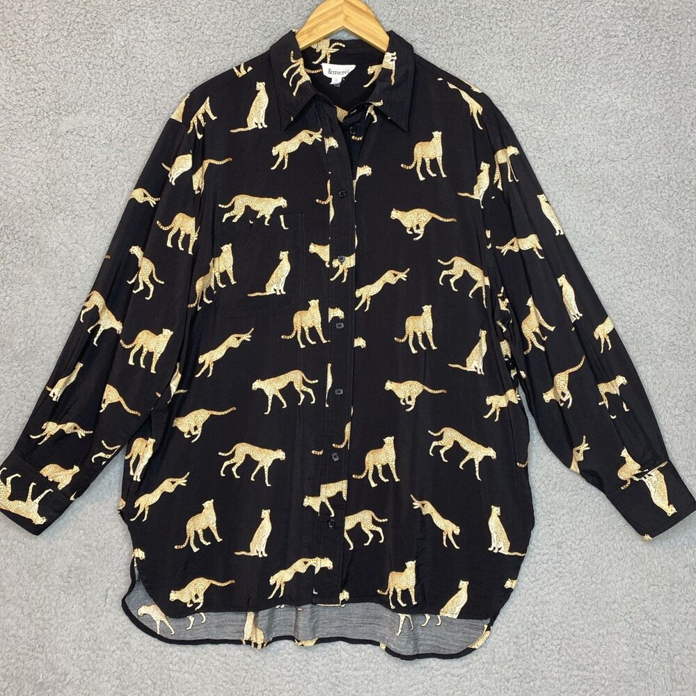 &merci Oversized AOP Safari Cheetah Leopard Black Rayon Sz L Tunic Top Shirt
